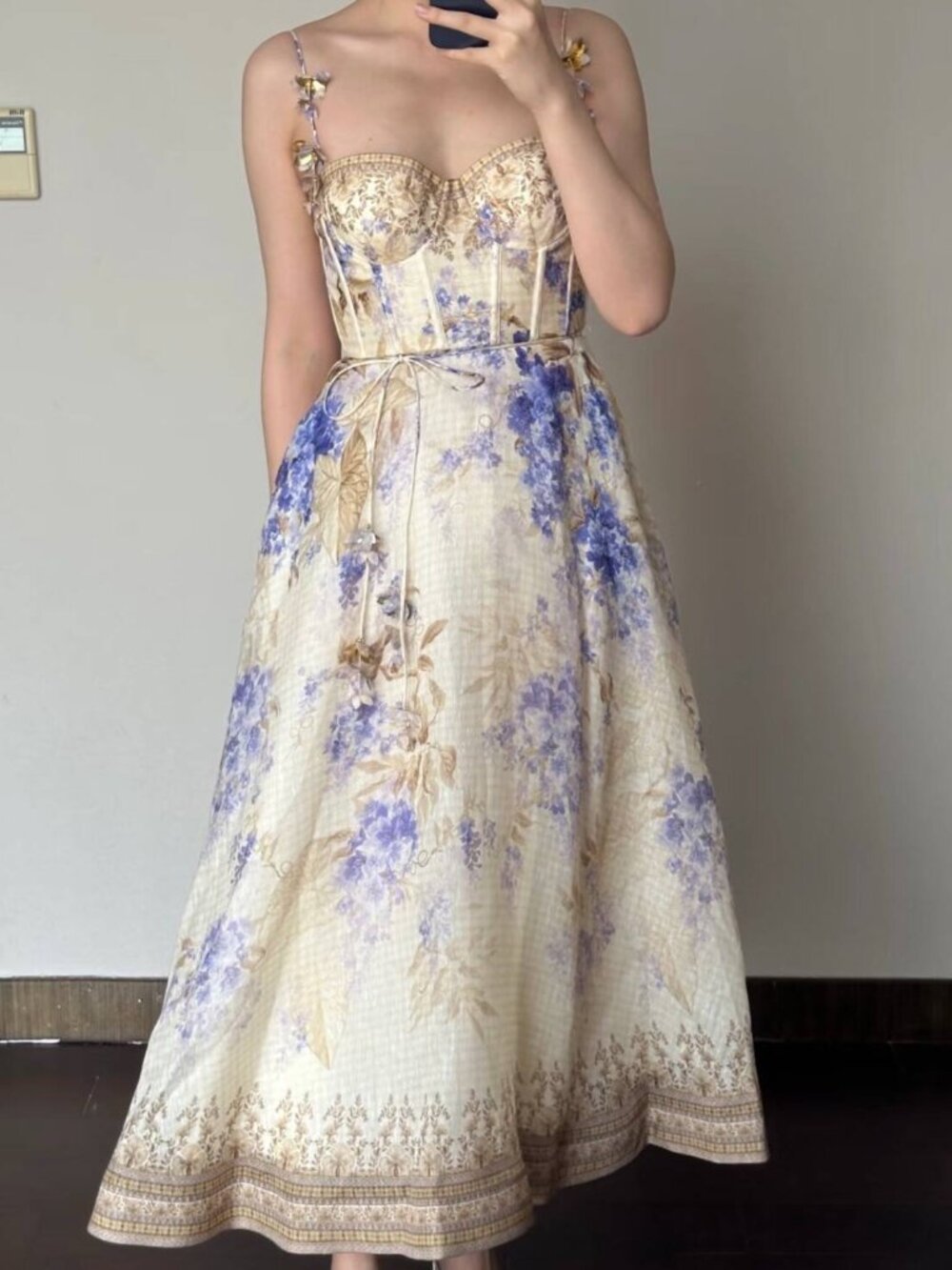 Zimmermann Floral Corset Midi Dress Size 0 Cream Blue Bustier Tie Strap